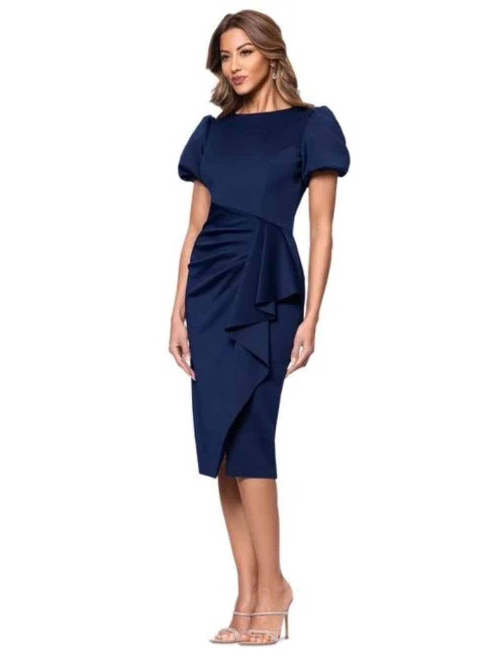XSCAPE Women's Draped Puff-Sleeve Sheath Dress Midnight Size 16